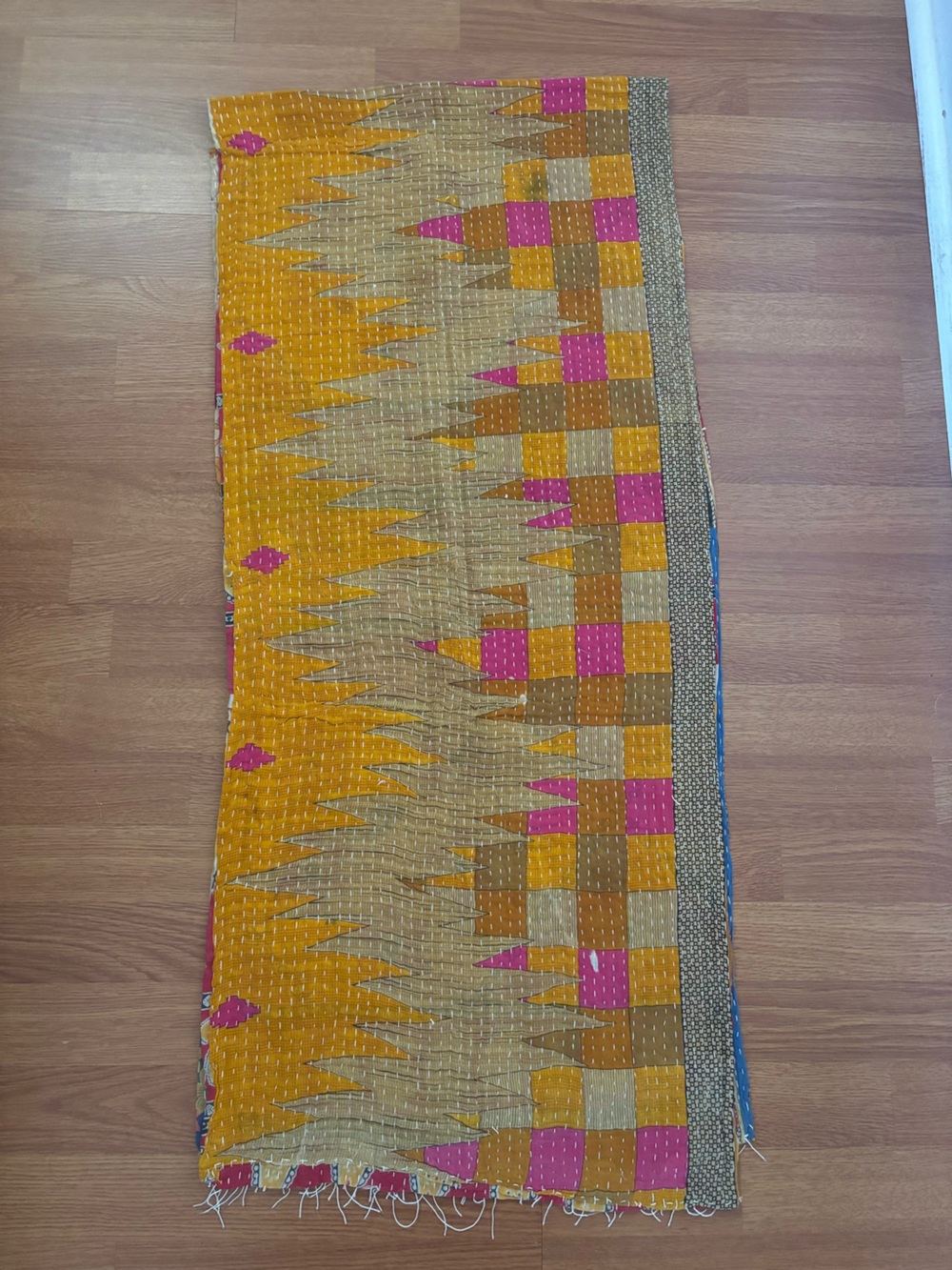 Beautiful Reversible Kantha Scarf in pink, red, yellow and blue - Picture 8 of 15
